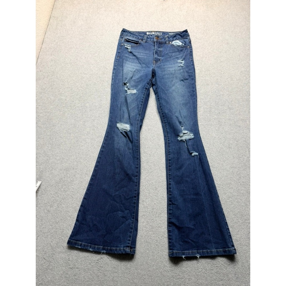 Blue Spice Womens High Rise Flare Distressed Ripped Jeans Medium Wash Size 7